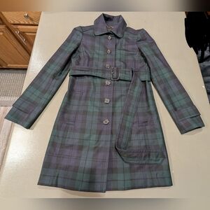 Vintage J. Crew Collection Black Watch Plaid Wool Trench Coat Belted Size 0